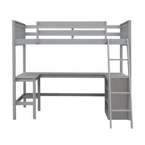 HomeRoots Gray Twin Loft Bed with Desk & Shelves - Space-Saving Solid Wood Design Perfect for Kids & Teens 606581