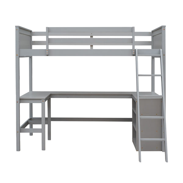 HomeRoots Gray Twin Loft Bed with Desk & Shelves - Space-Saving Solid Wood Design Perfect for Kids & Teens 606581