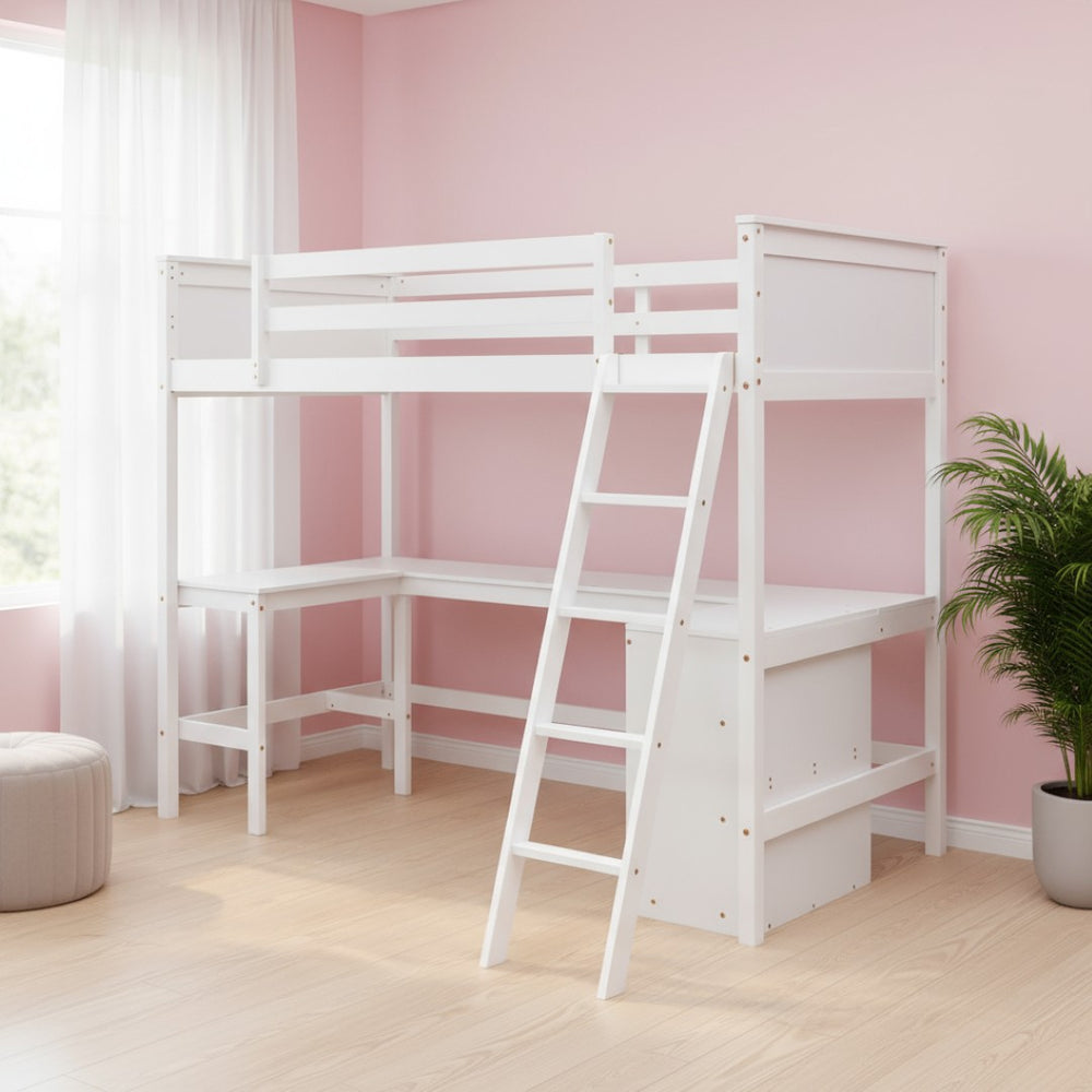 HomeRoots White Solid Wood Twin Loft Bed with Built-In Desk & Shelves - Space-Saving Design for Small Rooms 606582