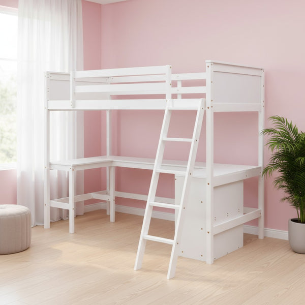 HomeRoots White Solid Wood Twin Loft Bed with Built-In Desk & Shelves - Space-Saving Design for Small Rooms 606582