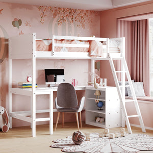 HomeRoots White Solid Wood Twin Loft Bed with Built-In Desk & Shelves - Space-Saving Design for Small Rooms 606582