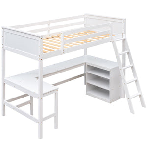 HomeRoots White Solid Wood Twin Loft Bed with Built-In Desk & Shelves - Space-Saving Design for Small Rooms 606582