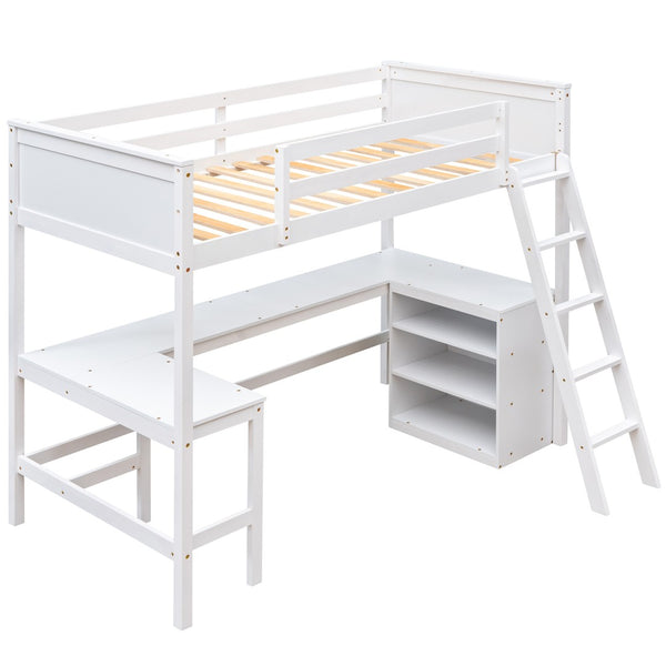 HomeRoots White Solid Wood Twin Loft Bed with Built-In Desk & Shelves - Space-Saving Design for Small Rooms 606582