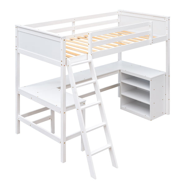 HomeRoots White Solid Wood Twin Loft Bed with Built-In Desk & Shelves - Space-Saving Design for Small Rooms 606582