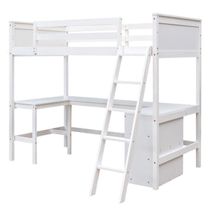 HomeRoots White Solid Wood Twin Loft Bed with Built-In Desk & Shelves - Space-Saving Design for Small Rooms 606582