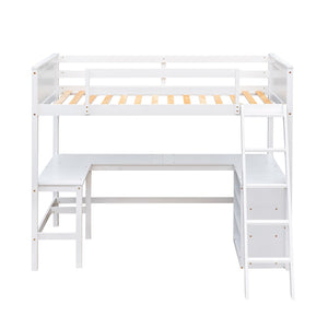 HomeRoots White Solid Wood Twin Loft Bed with Built-In Desk & Shelves - Space-Saving Design for Small Rooms 606582