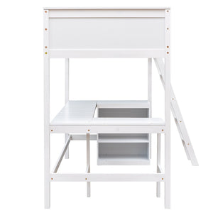 HomeRoots White Solid Wood Twin Loft Bed with Built-In Desk & Shelves - Space-Saving Design for Small Rooms 606582