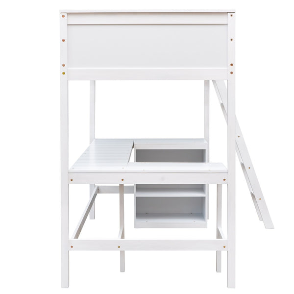 HomeRoots White Solid Wood Twin Loft Bed with Built-In Desk & Shelves - Space-Saving Design for Small Rooms 606582