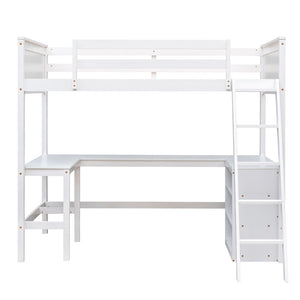 HomeRoots White Solid Wood Twin Loft Bed with Built-In Desk & Shelves - Space-Saving Design for Small Rooms 606582