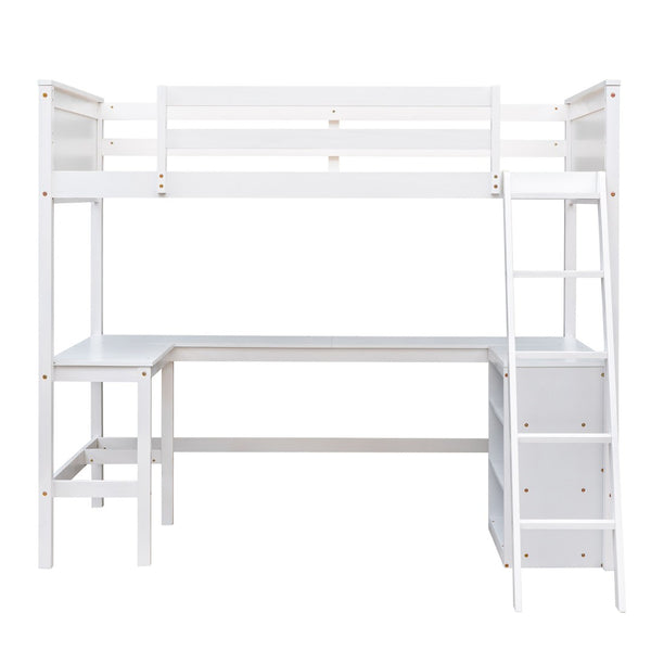 HomeRoots White Solid Wood Twin Loft Bed with Built-In Desk & Shelves - Space-Saving Design for Small Rooms 606582