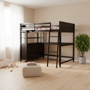 HomeRoots Espresso Solid Wood Twin Loft Bed with Integrated Desk & Shelves - Stylish Space-Saving Design! 606583