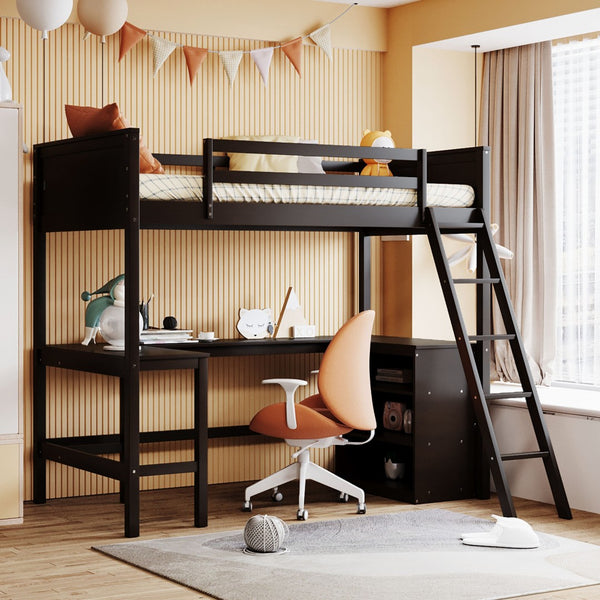 HomeRoots Espresso Solid Wood Twin Loft Bed with Integrated Desk & Shelves - Stylish Space-Saving Design! 606583