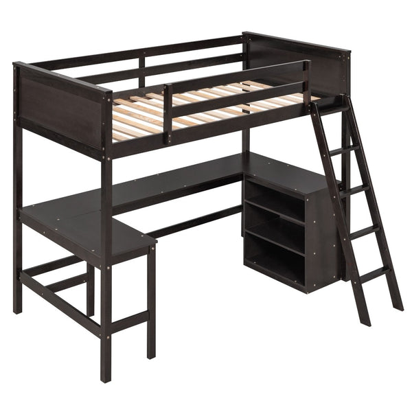 HomeRoots Espresso Solid Wood Twin Loft Bed with Integrated Desk & Shelves - Stylish Space-Saving Design! 606583