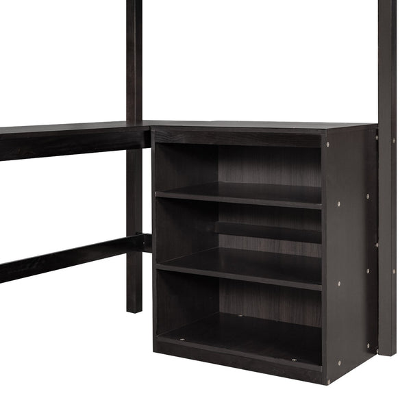 HomeRoots Espresso Solid Wood Twin Loft Bed with Integrated Desk & Shelves - Stylish Space-Saving Design! 606583