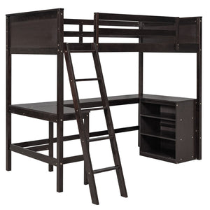 HomeRoots Espresso Solid Wood Twin Loft Bed with Integrated Desk & Shelves - Stylish Space-Saving Design! 606583