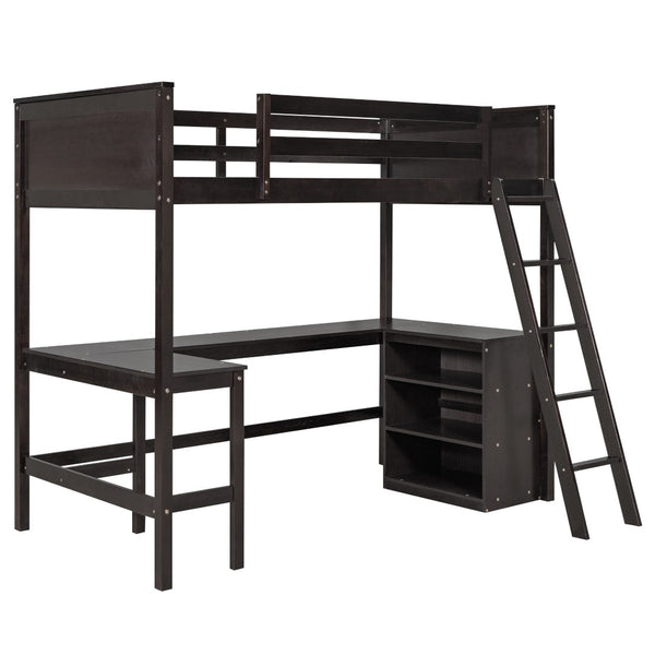 HomeRoots Espresso Solid Wood Twin Loft Bed with Integrated Desk & Shelves - Stylish Space-Saving Design! 606583
