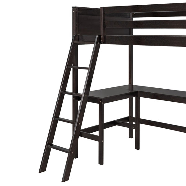 HomeRoots Espresso Solid Wood Twin Loft Bed with Integrated Desk & Shelves - Stylish Space-Saving Design! 606583
