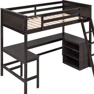 HomeRoots Espresso Solid Wood Twin Loft Bed with Integrated Desk & Shelves - Stylish Space-Saving Design! 606583