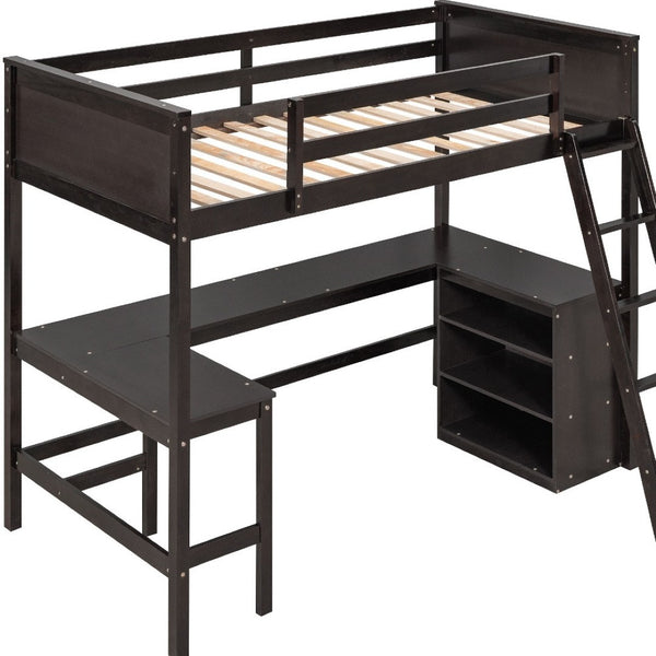 HomeRoots Espresso Solid Wood Twin Loft Bed with Integrated Desk & Shelves - Stylish Space-Saving Design! 606583