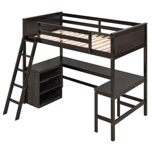 HomeRoots Espresso Solid Wood Twin Loft Bed with Integrated Desk & Shelves - Stylish Space-Saving Design! 606583