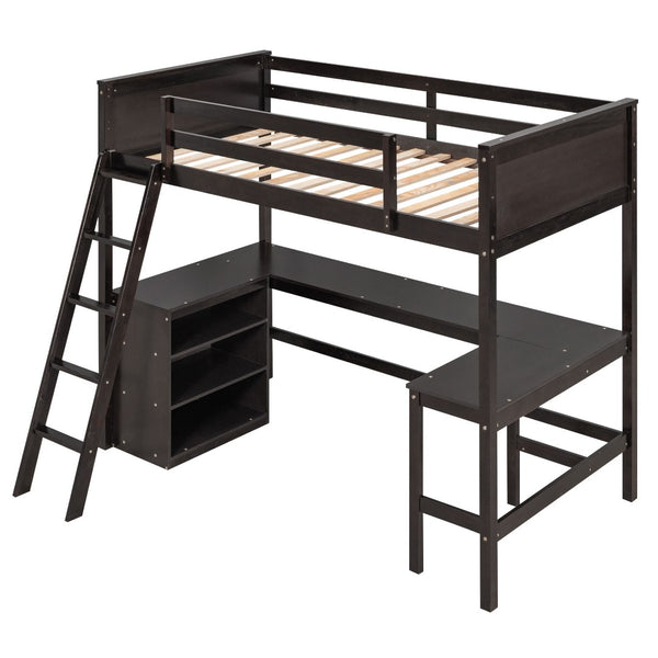 HomeRoots Espresso Solid Wood Twin Loft Bed with Integrated Desk & Shelves - Stylish Space-Saving Design! 606583