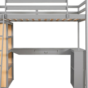 HomeRoots Gray Twin Loft Bed with Integrated Desk & Shelves - Space-Saving Design for Small Bedrooms & Dorms 606584