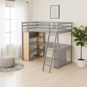 HomeRoots Gray Twin Loft Bed with Integrated Desk & Shelves - Space-Saving Design for Small Bedrooms & Dorms 606584