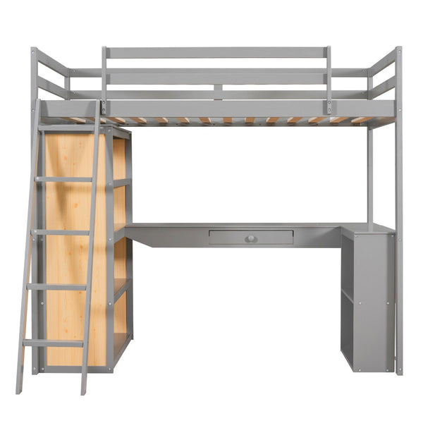 HomeRoots Gray Twin Loft Bed with Integrated Desk & Shelves - Space-Saving Design for Small Bedrooms & Dorms 606584