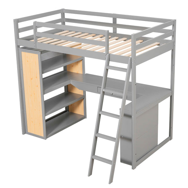 HomeRoots Gray Twin Loft Bed with Integrated Desk & Shelves - Space-Saving Design for Small Bedrooms & Dorms 606584