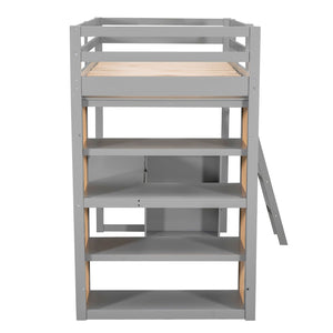 HomeRoots Gray Twin Loft Bed with Integrated Desk & Shelves - Space-Saving Design for Small Bedrooms & Dorms 606584
