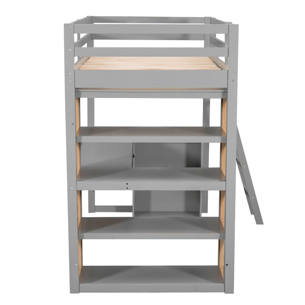 HomeRoots Gray Twin Loft Bed with Integrated Desk & Shelves - Space-Saving Design for Small Bedrooms & Dorms 606584