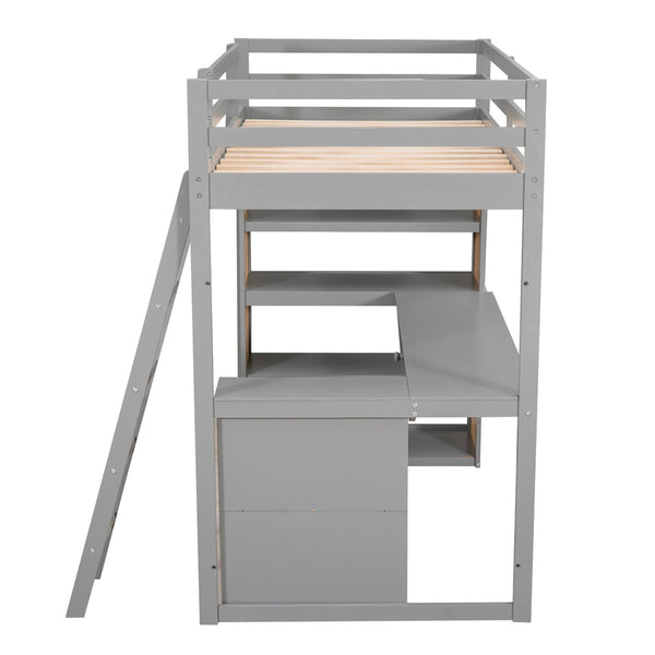 HomeRoots Gray Twin Loft Bed with Integrated Desk & Shelves - Space-Saving Design for Small Bedrooms & Dorms 606584