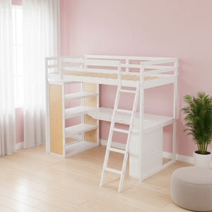 HomeRoots White Slat Wood Twin Loft Bed with Integrated Desk & Shelves - Space-Saving Design for Small Rooms 606585