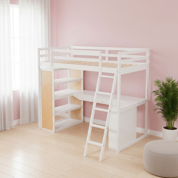 HomeRoots White Slat Wood Twin Loft Bed with Integrated Desk & Shelves - Space-Saving Design for Small Rooms 606585