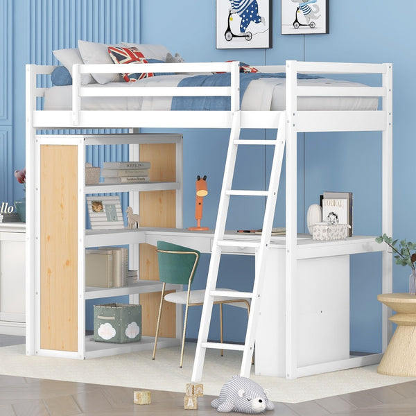 HomeRoots White Slat Wood Twin Loft Bed with Integrated Desk & Shelves - Space-Saving Design for Small Rooms 606585
