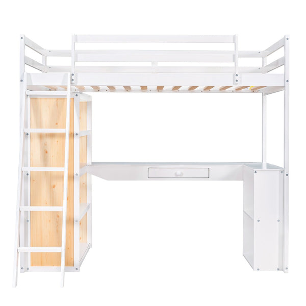 HomeRoots White Slat Wood Twin Loft Bed with Integrated Desk & Shelves - Space-Saving Design for Small Rooms 606585