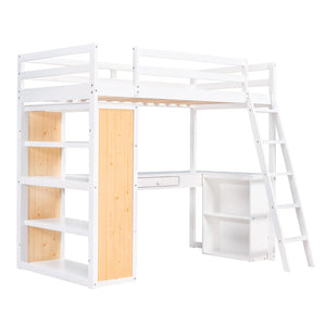 HomeRoots White Slat Wood Twin Loft Bed with Integrated Desk & Shelves - Space-Saving Design for Small Rooms 606585