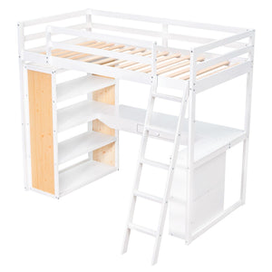 HomeRoots White Slat Wood Twin Loft Bed with Integrated Desk & Shelves - Space-Saving Design for Small Rooms 606585