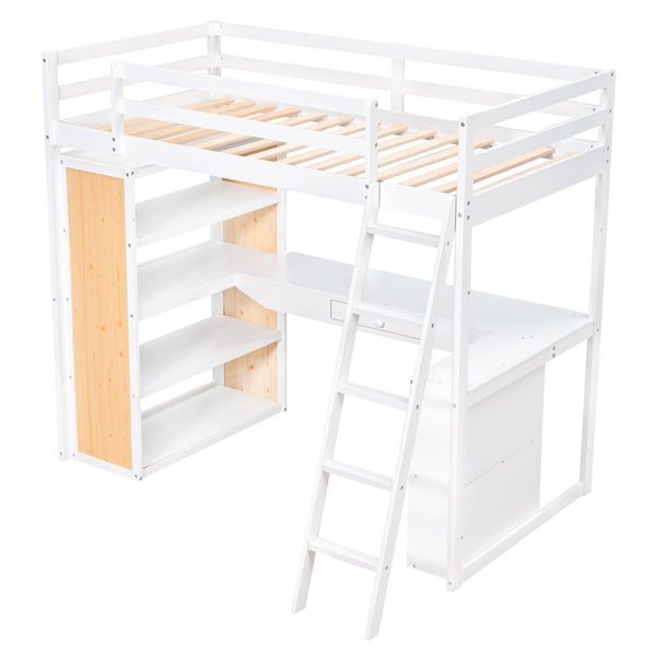 HomeRoots White Slat Wood Twin Loft Bed with Integrated Desk & Shelves - Space-Saving Design for Small Rooms 606585