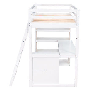 HomeRoots White Slat Wood Twin Loft Bed with Integrated Desk & Shelves - Space-Saving Design for Small Rooms 606585