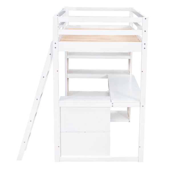 HomeRoots White Slat Wood Twin Loft Bed with Integrated Desk & Shelves - Space-Saving Design for Small Rooms 606585