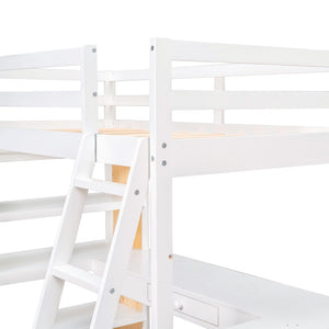 HomeRoots White Slat Wood Twin Loft Bed with Integrated Desk & Shelves - Space-Saving Design for Small Rooms 606585