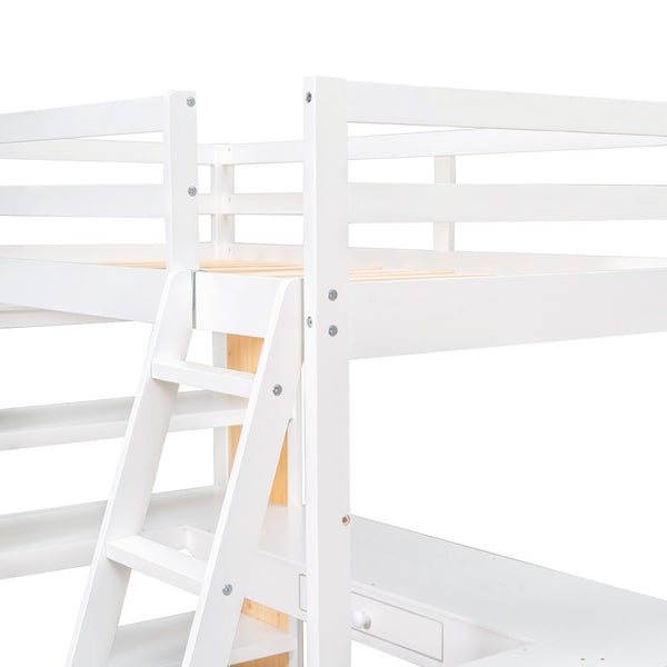 HomeRoots White Slat Wood Twin Loft Bed with Integrated Desk & Shelves - Space-Saving Design for Small Rooms 606585