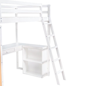 HomeRoots White Slat Wood Twin Loft Bed with Integrated Desk & Shelves - Space-Saving Design for Small Rooms 606585