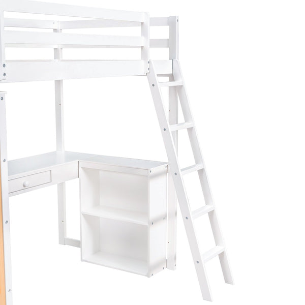 HomeRoots White Slat Wood Twin Loft Bed with Integrated Desk & Shelves - Space-Saving Design for Small Rooms 606585