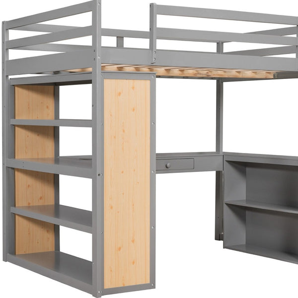 HomeRoots Gray Multifunctional Full Double Loft Bed with Integrated Desk, Shelves, and Space-Saving Design 606586
