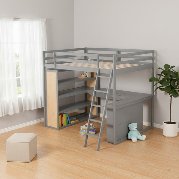HomeRoots Gray Multifunctional Full Double Loft Bed with Integrated Desk, Shelves, and Space-Saving Design 606586
