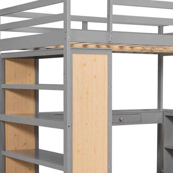 HomeRoots Gray Multifunctional Full Double Loft Bed with Integrated Desk, Shelves, and Space-Saving Design 606586