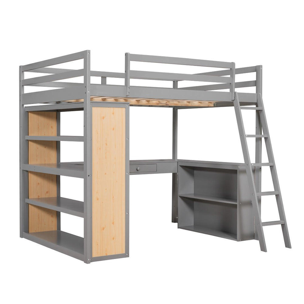 HomeRoots Gray Multifunctional Full Double Loft Bed with Integrated Desk, Shelves, and Space-Saving Design 606586