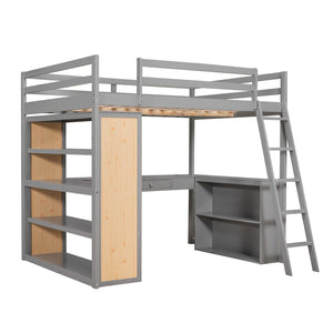 HomeRoots Gray Multifunctional Full Double Loft Bed with Integrated Desk, Shelves, and Space-Saving Design 606586